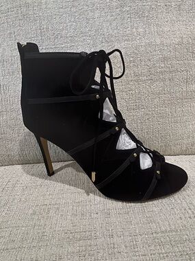 Karl Lagerfeld Paris Black Lace-Up Suede Stiletto Heel Pumps Peep Toe front SZ 9